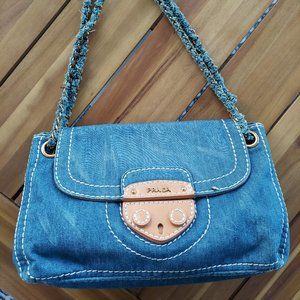 Authentic Denim PRADA Shoulder Bag with Golden Chain/tan Leather trim